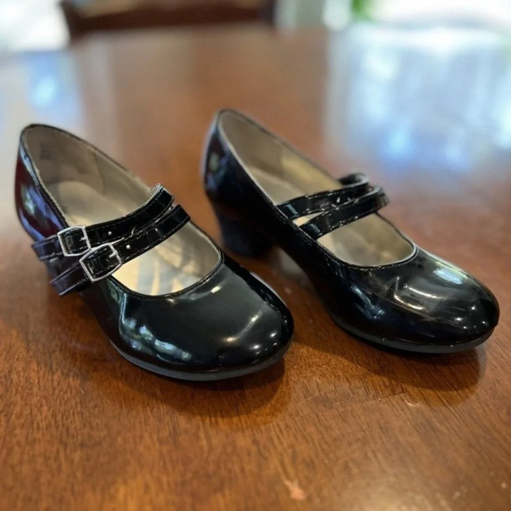 American Eagle Kids Black Patent Mary Jane Glitter‎ Block Heel Shoes Toddler 11